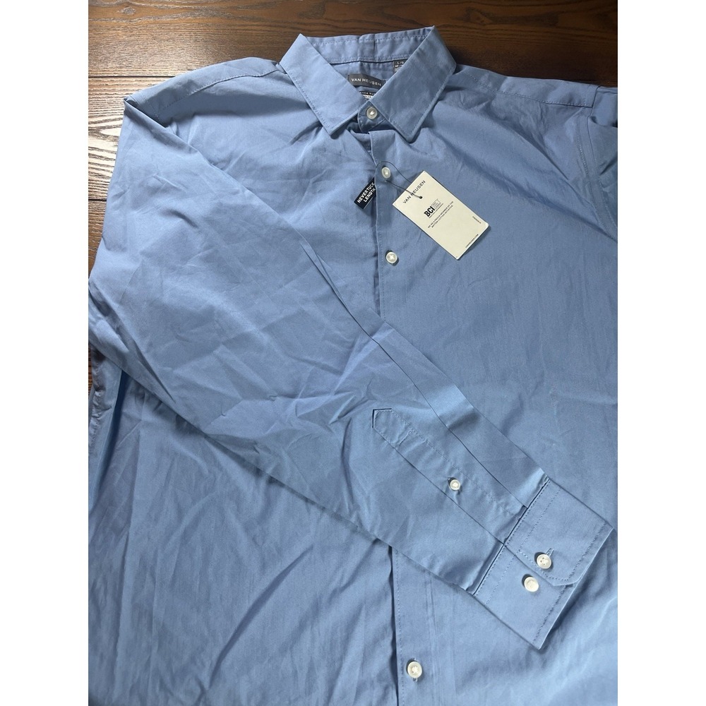 NEW Van Heusen Mens L Blue Button Down Shirt Never Tuck Regular Fit Long Sleeve